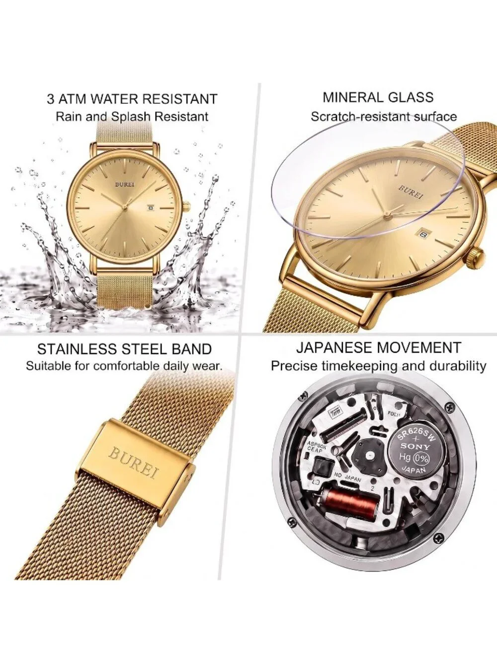 Men's Gold Stainless Steel Mesh Band Minimalist Analog Waterproof Wrist Watch